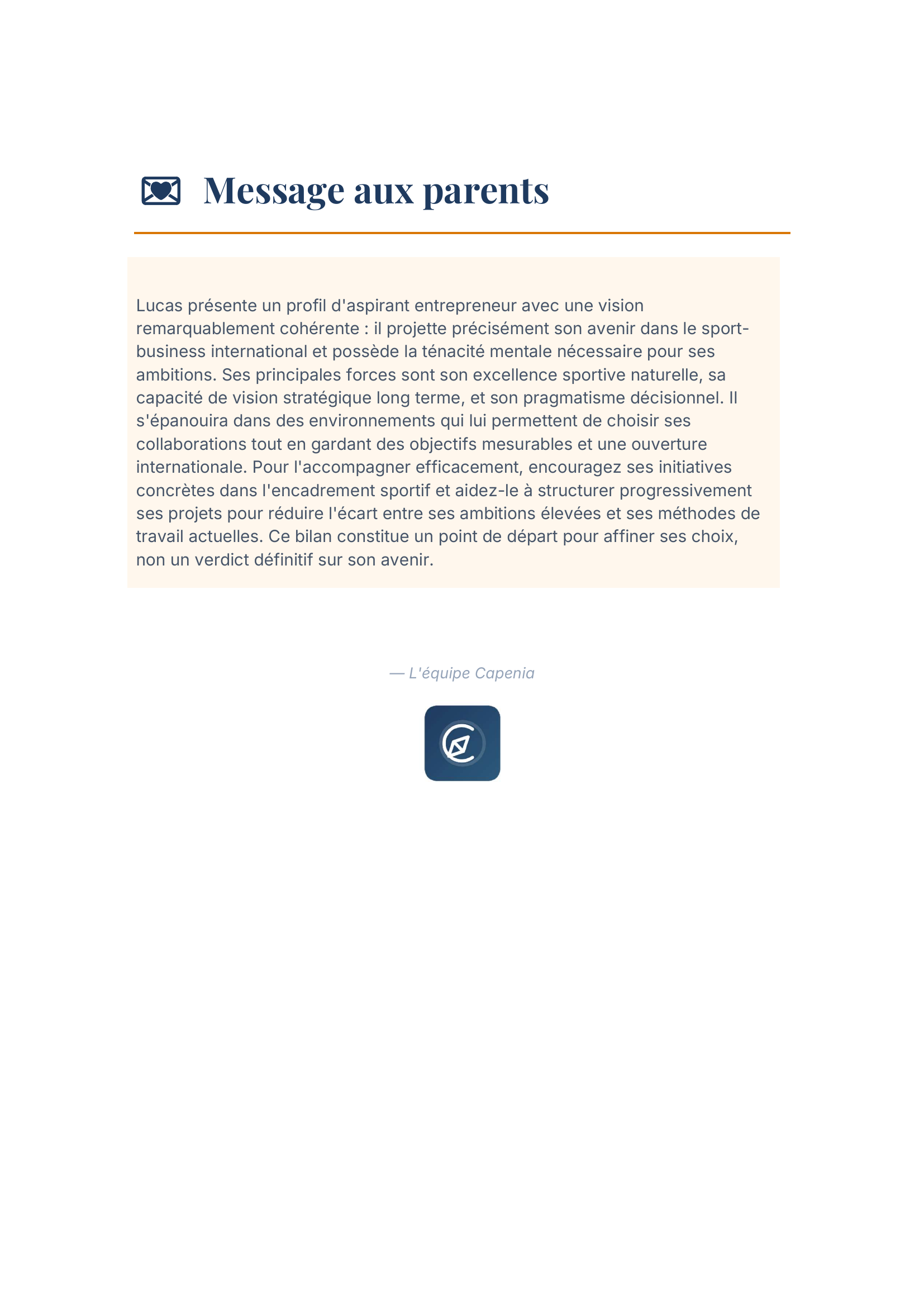 Page message aux parents du rapport Capenia